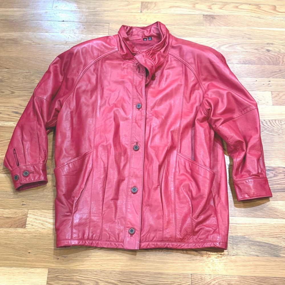 Vintage Red Genuine Leather Jacket Oversized‎ Button Front Korea Sz M AS IS